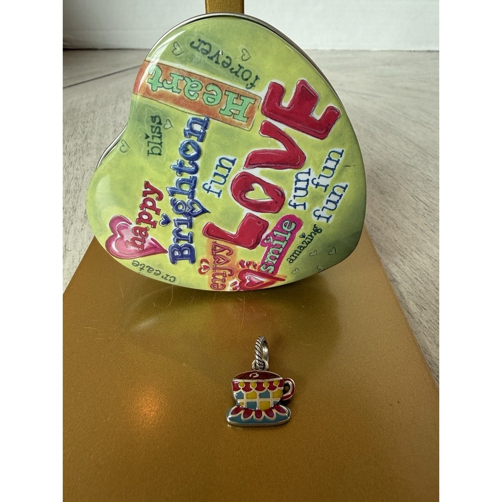 Brighton Enamel Coffee Tea Cup Charm Multicolor, Heart-Shaped Tin Uplifting Word